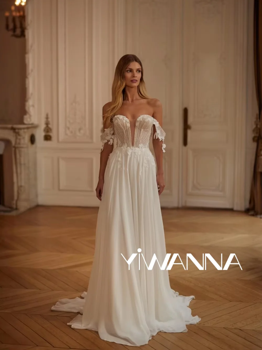 

New Arrival Beaded Appliques Wedding Dress Off Shoulder Backless Bridal Gown Customized Dreamy A-line Chiffon Dresses For Bride