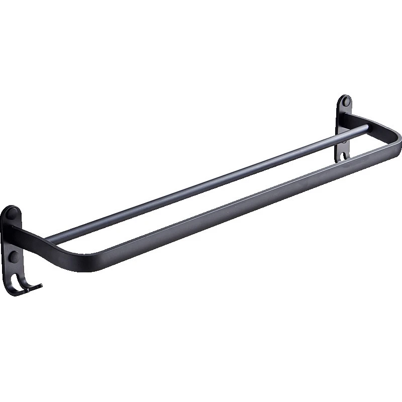 ABFS 60 cm Wall Mount Black Towel Rack Aluminum Double Rod Towel Bar with Hook for Home Hotel Bathroom Shower Accessories