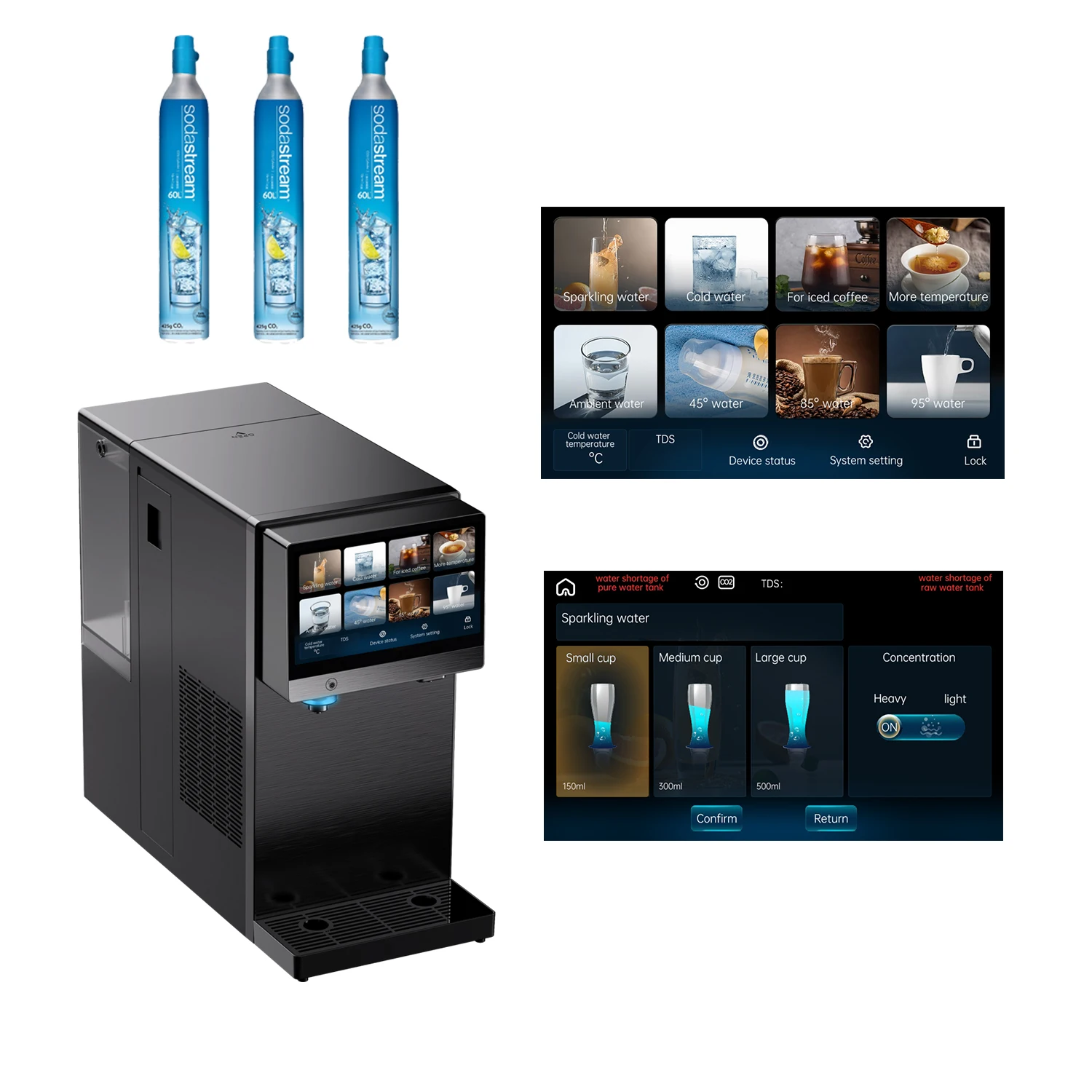 

2025 Самая инновационная машина для производства газированной воды 4 в 1, диспенсер для холодной и горячей и газированной воды с мощным компрессором и охлаждением