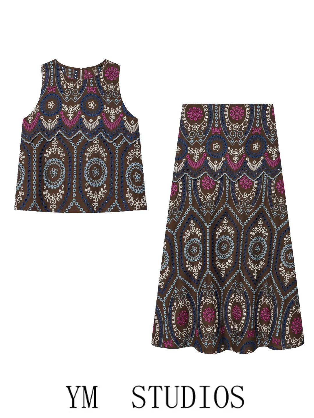 Women's Ethnic Style Heavy Embroidery Sleeveless Vest Top And Halter Skirt Two-Piece Set Cotton round Neck Loose Fit Summer V...