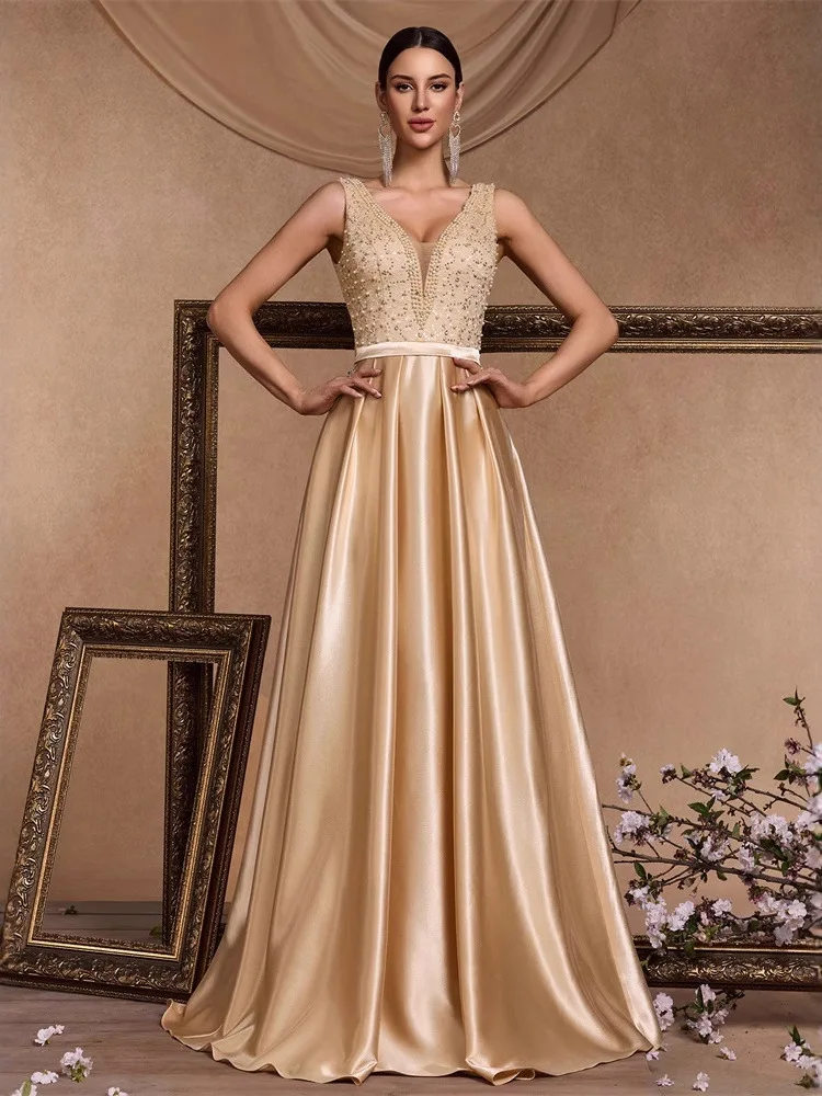 Ele soirée Dr perle Patchwork couleur soie Satin v-ne grande ligne a femmes formelle danse robe de bal taille basse soie