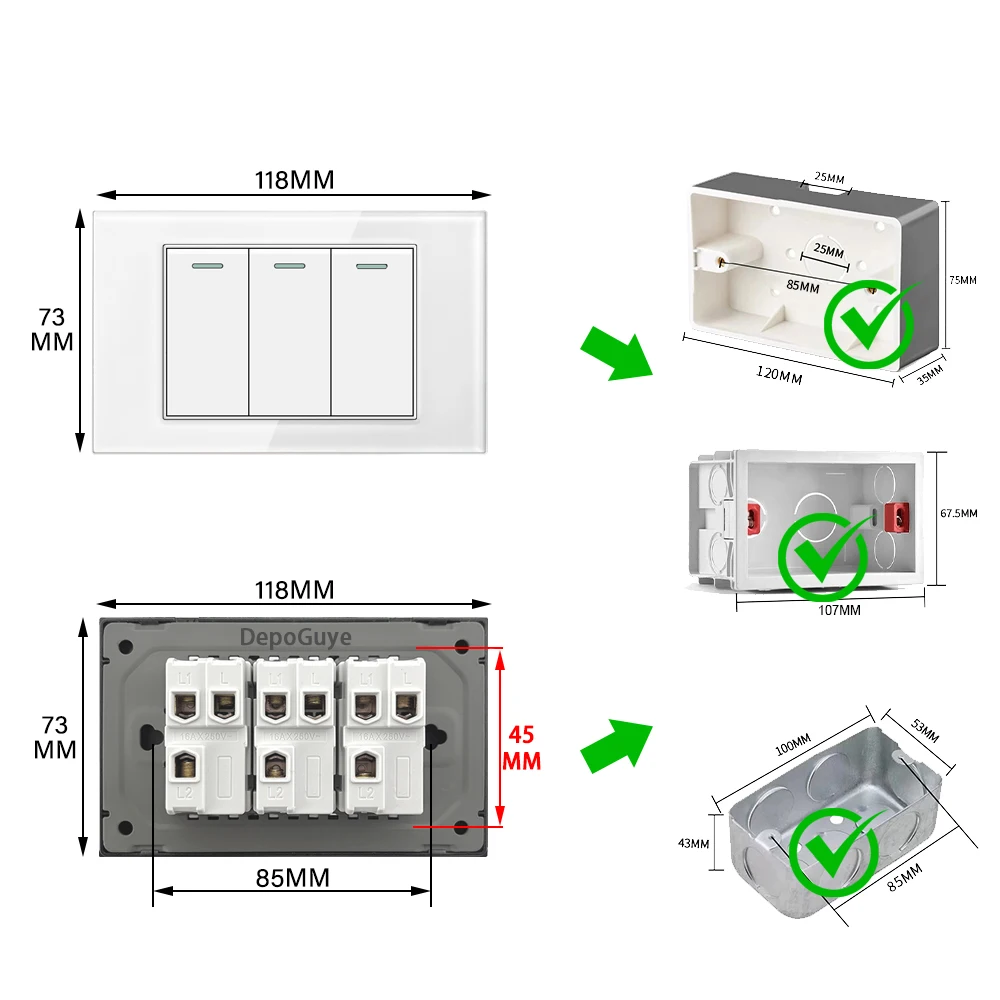 118 Type US Mexico 1/2/3/4/Gang 2/3Way Wall Light Switch Brazil Tempered Glass Panel ON OFF Push Button Power Rocker Switch