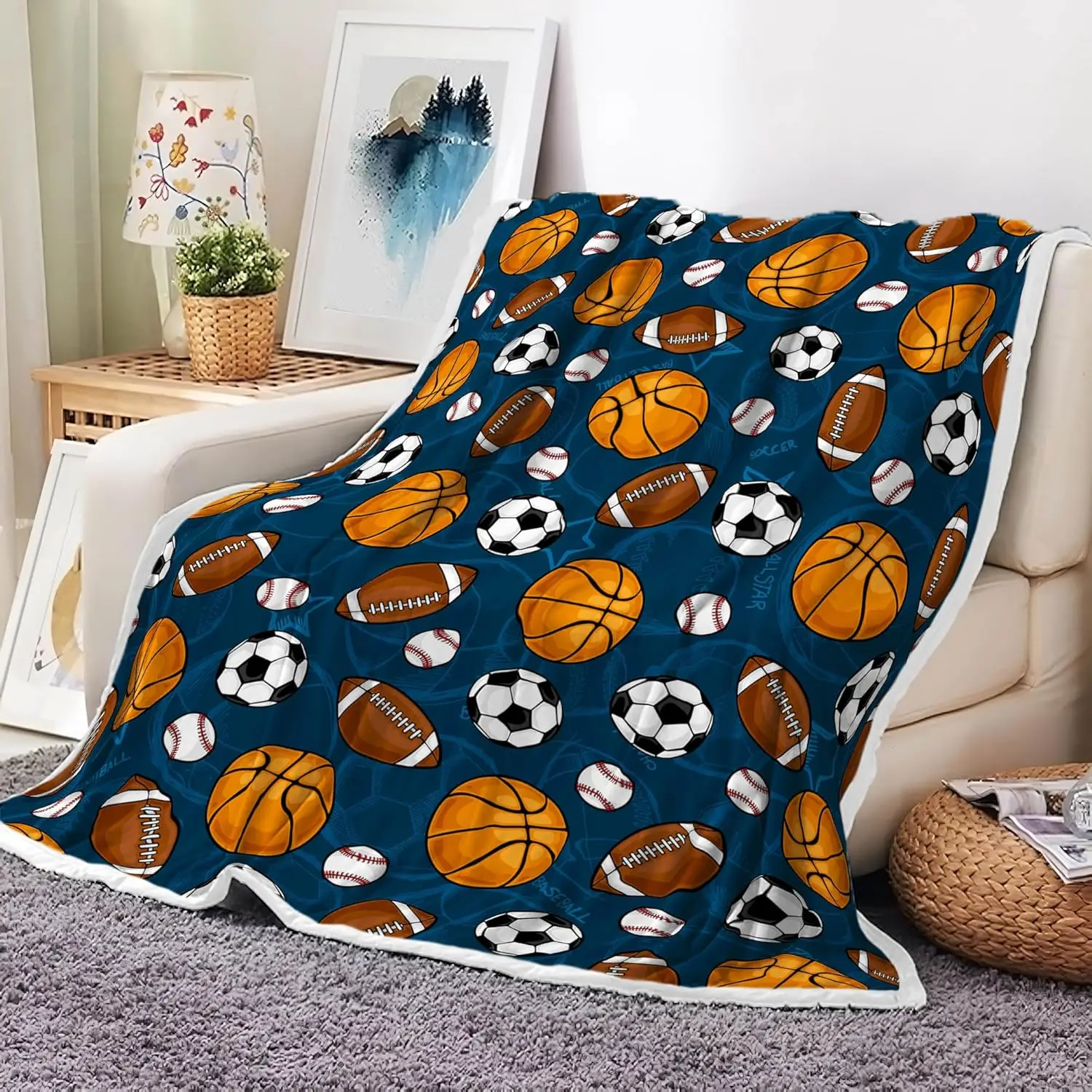Baseball Blanket, Football Basketball Throw for Kids Boys Girls Youth, Ball Sports Themed Throw Blankets 50x60, Soccer Football