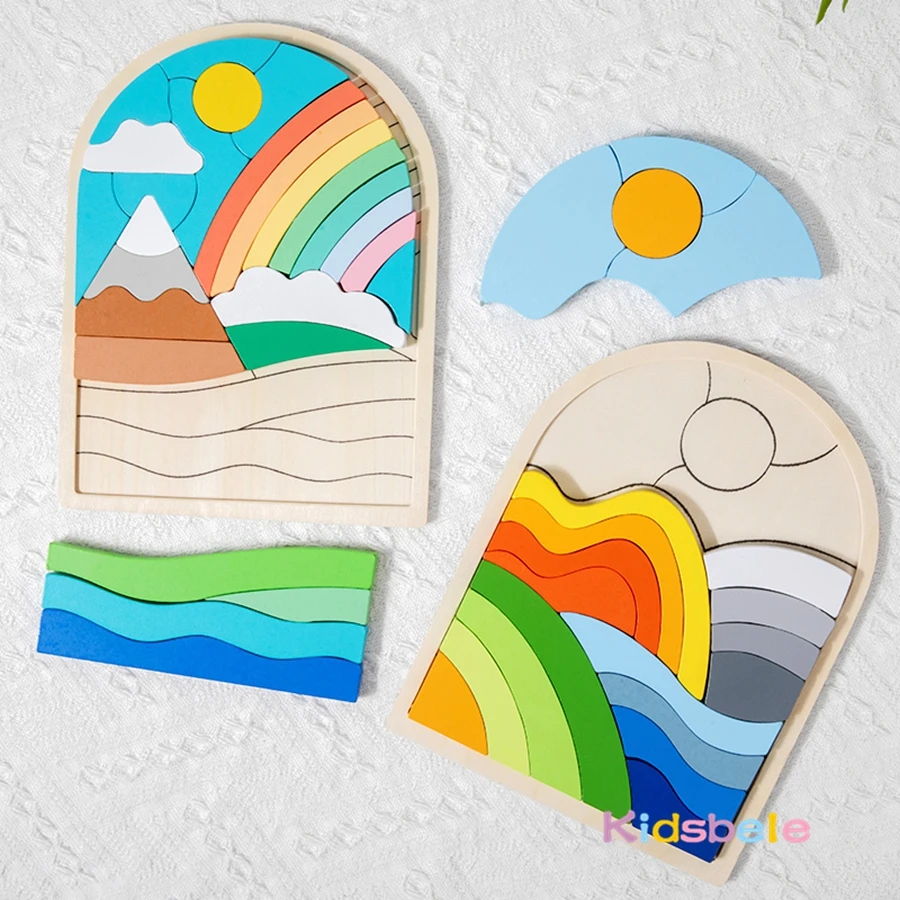 Bloco de construção de arco-íris de paisagem em camadas 3D de madeira com classificação e empilhamento de habilidades motoras finas desenvolvimento brinquedo educativo para crianças