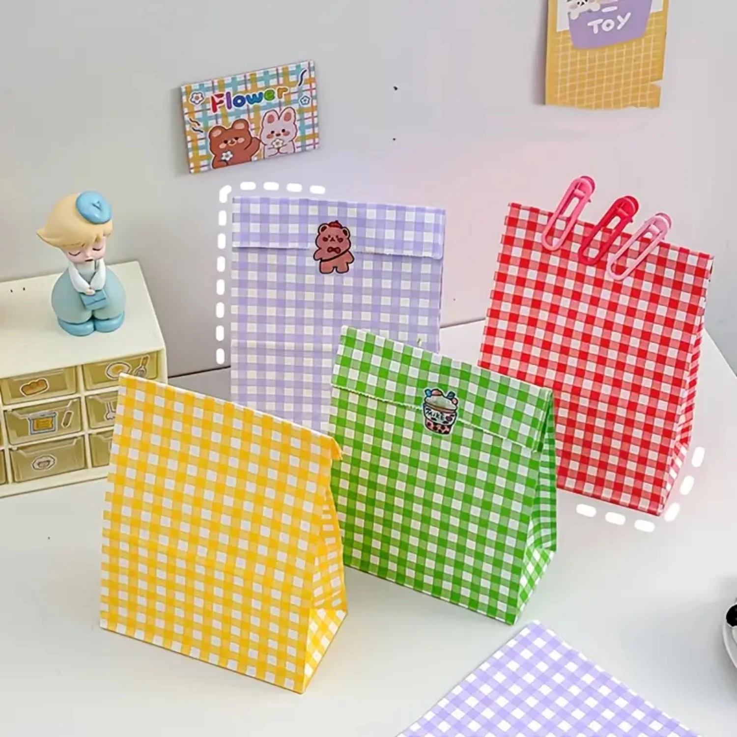 Set of 5 or 10 Vibrant Gingham Goodie Bags - Festive Candy Storage, Party Favors, Gift Giving - 3.15''×5.91''×9.06'' Dimension
