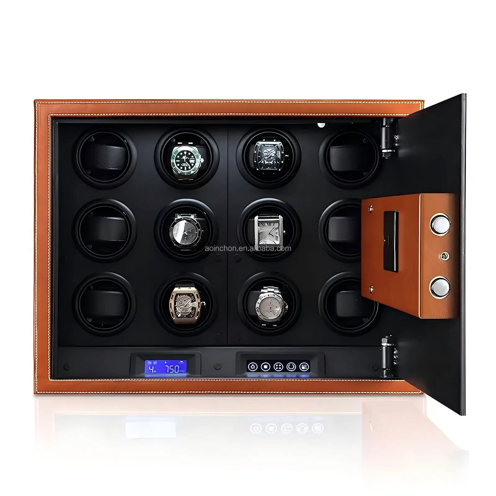 

High Quality Custom Logo Watch Winder Safe Box With Microfiber Leather Touch Screen LCD Light Automatic Winding Model WDS-LT-SPU