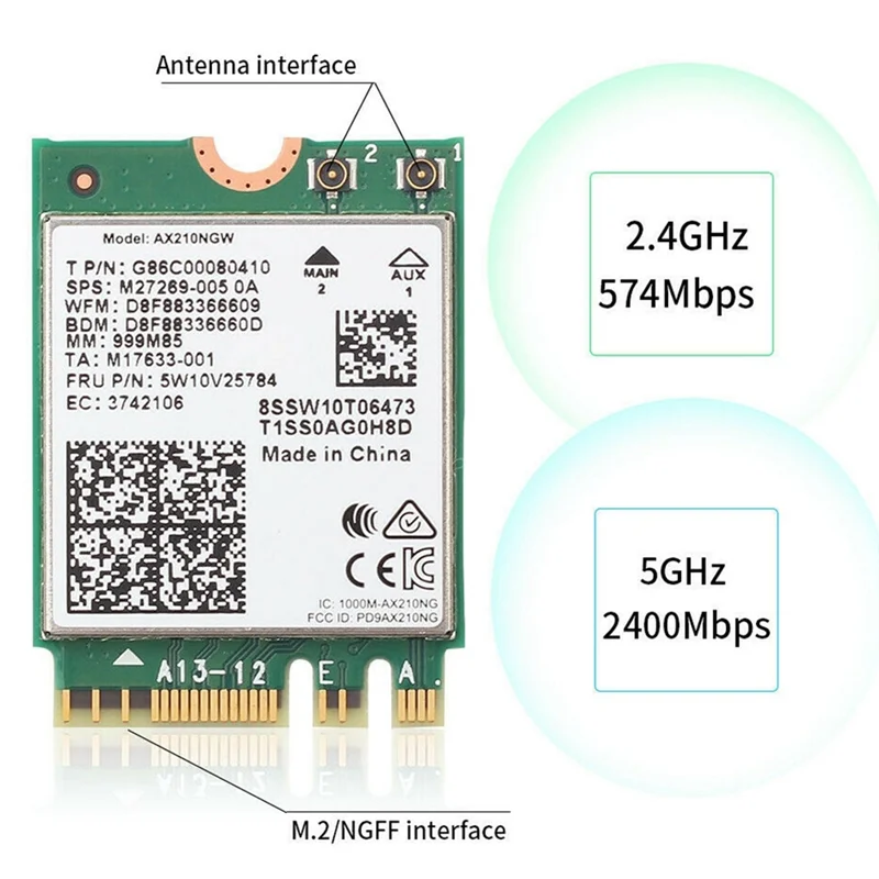 AX210 AX210NGW Network Card M.2 NGFF 2.4Ghz/5G WI-FI 6E 2400Mbps WiFi Card 802.11Ax Bluetooth 5.2 WiFi Adapter