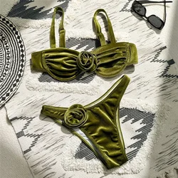 Sexy Green Velvet 3D Flower Swimwear Push Up Bikinis Set Swimsuits 2024 Women Underwired Bathing Suit Thong Bikini Mujer Biquini