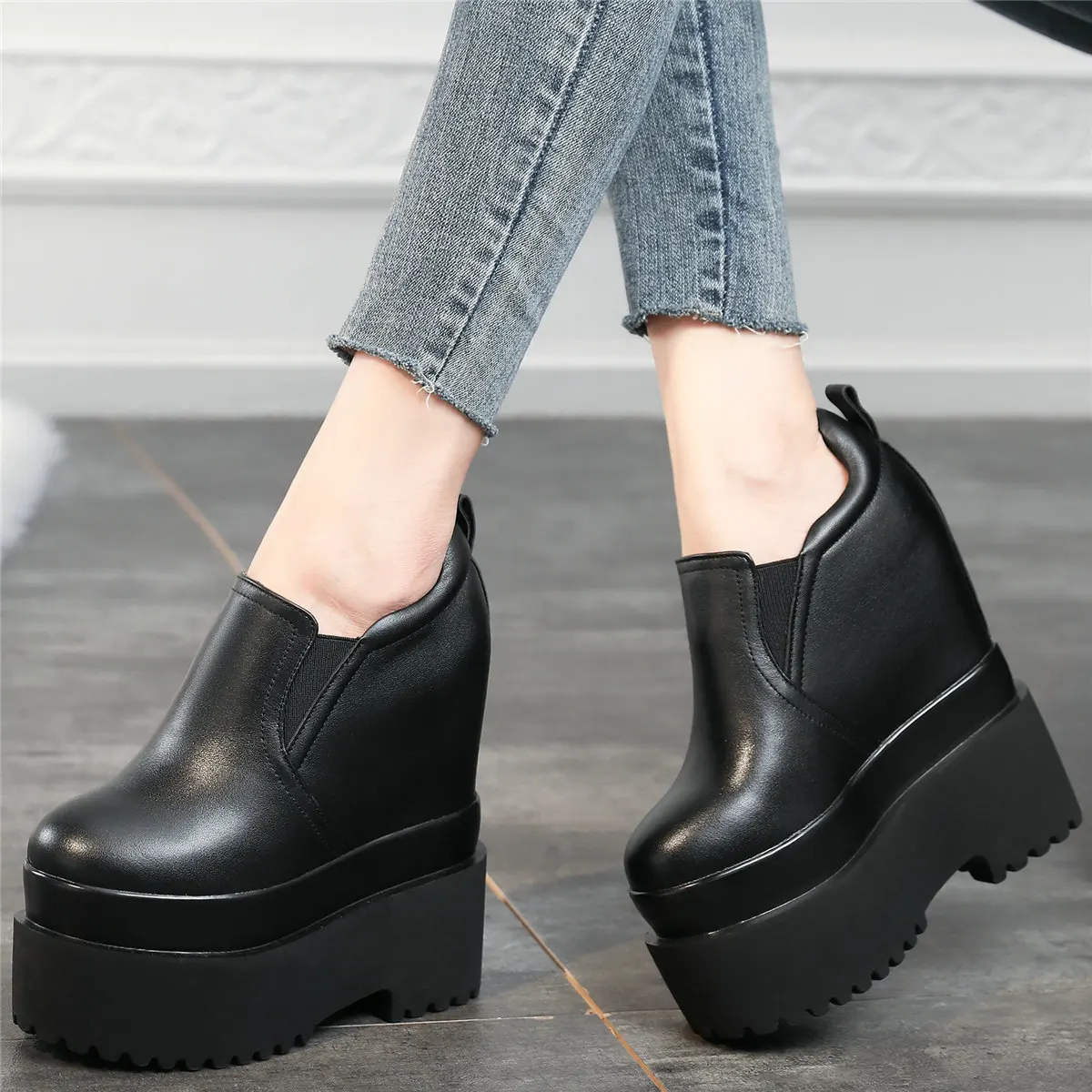 12cm High Heel Pumps Plus Size Shoes Women Genuine Leather Wedges Ankle Boots Female Round Toe Fashion Sneakers Big Size Shoes