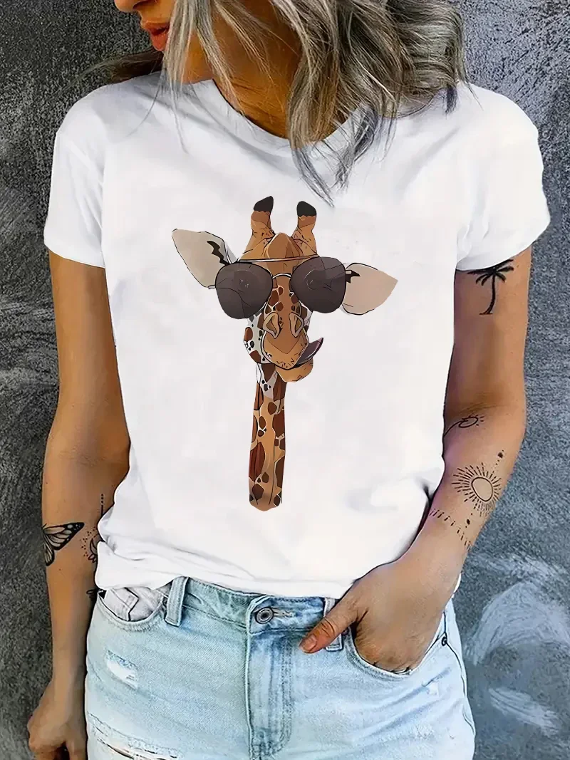 Fashion Giraffe Head Print Women T-shirt Short Sleeve Retro Crew Neck Casual Top Summer Spring Women Breathable Harajuku Clothes