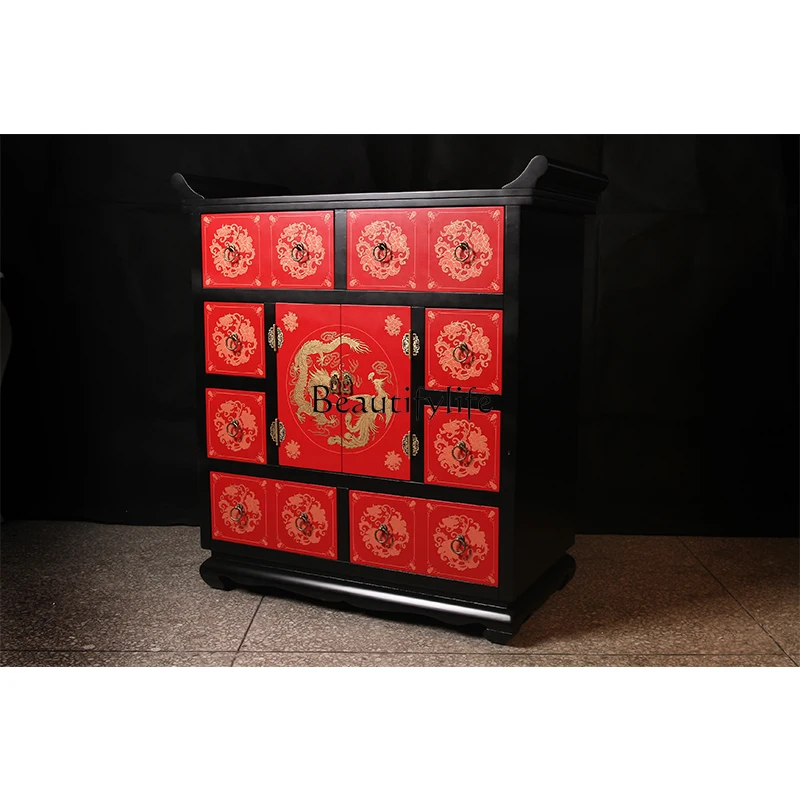 

New Chinese classical furniture painted two-color eight-draw dragon and phoenix warped head cabinet