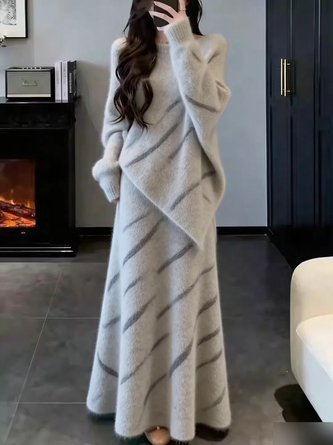 

Ele Winter Outfit Korean Sle High-End Faion Money-Saving Youthful Look Clete Set Striped Floral Pattern Long Sv...