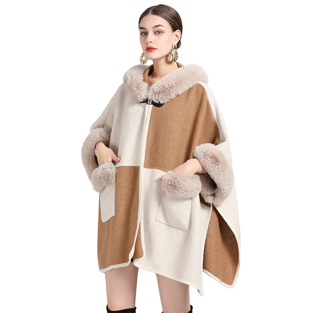 Women Rex Rabbit Faux Fur Shawl Lady Cashmere Feel Woolen Coat Winter Elegant Hoodie Wrap Luxury Warm Overcoat Cloak with Pocket