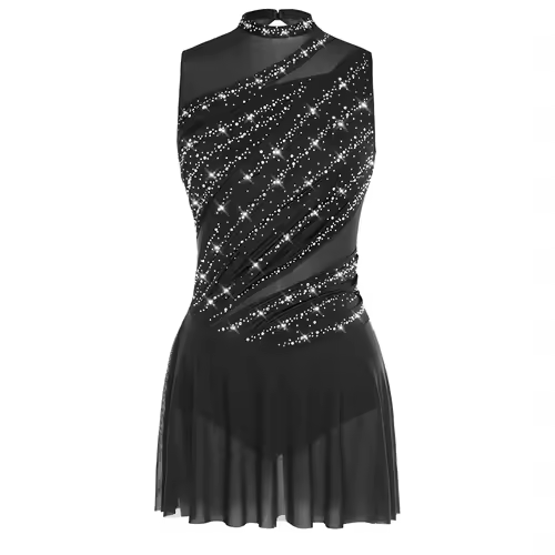 Women Ruched Ballet Lyrical Dancing Dress Round Collar Sleeveless Rhinestone Backless Dress for Stage Performance Competition - Image 13