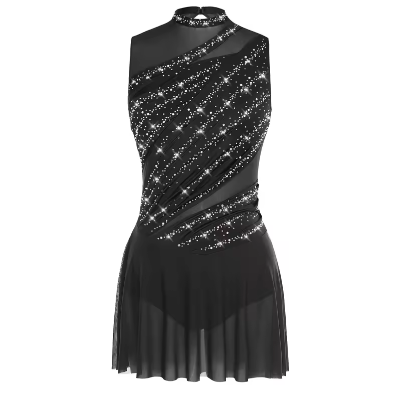 Women Ruched Ballet Lyrical Dancing Dress Round Collar Sleeveless Rhinestone Backless Dress for Stage Performance Competition - Image 13