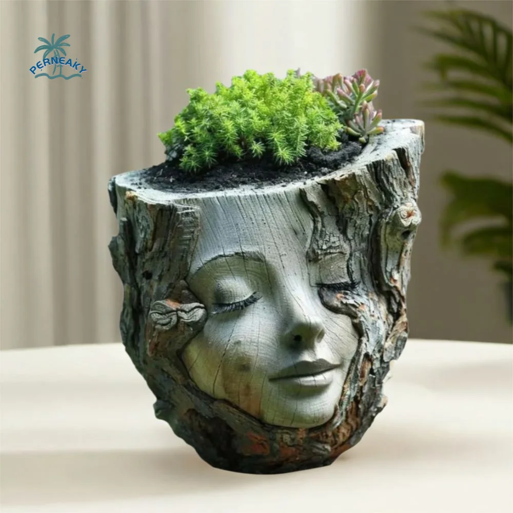 

Creative Funny Girl Face Flowerpot Resin Crafts Waterproof Tree Stump Girl Pot Handmade Succulents Flower Pot Home Office Decors