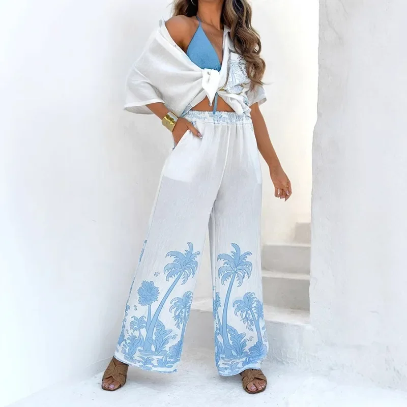 

Cotton Linen Coconut Tree Loose Casual Holiday 2 Piece Set WomenShort Sleeve Shirts Tops + Wide Leg Pants Summer Vacation Suits