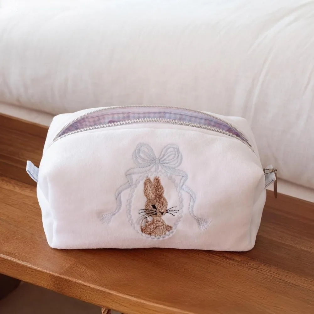 Kawaii Rabbit Cosmetic Bag Lace Bow Zipper Closure Travel Toiletry Bag Large Capacity White Pink Makeup Organizer Women Girls