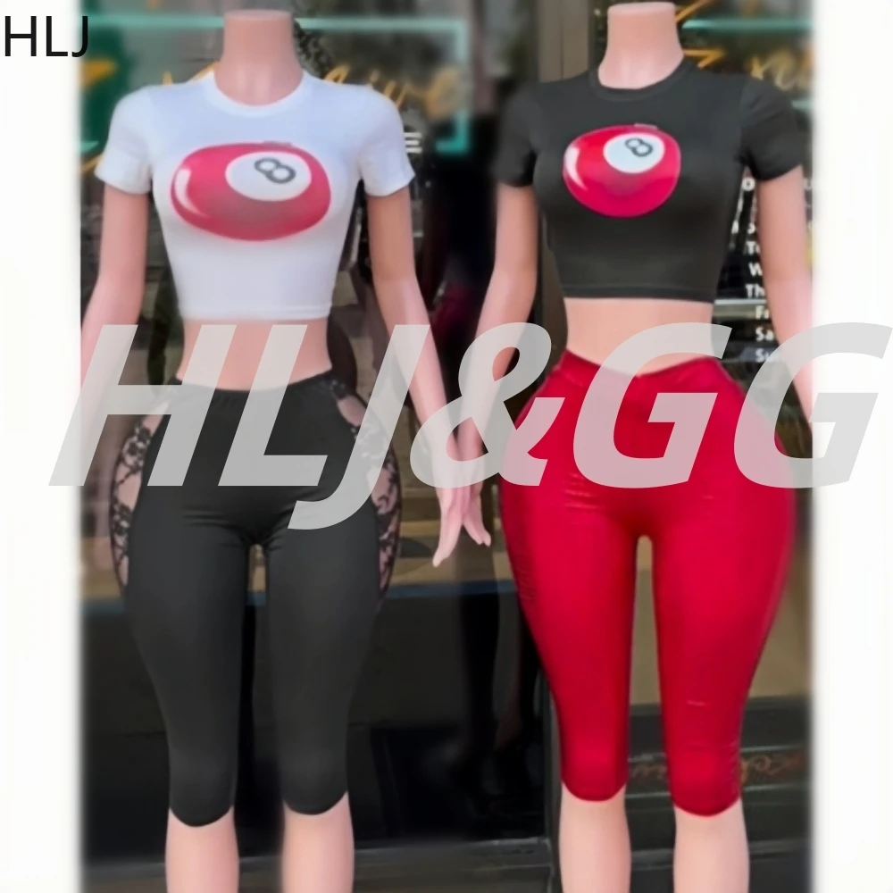 

HLJ Summer Pattern Print Top Two Piece Sets Women O Neck Short Sleeve Slim Crop Top And Lace See Though Splicing Shorts Outfits