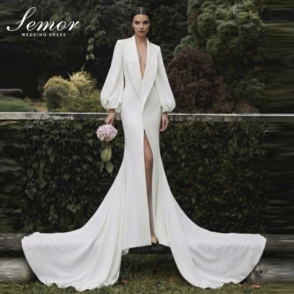 Semor Chic Deep V-Neck Mermaid Wedding Dresses Full Sleeve Customized 2026 Sexy High Slit Bride Dresses formal Vestidos De Novia
