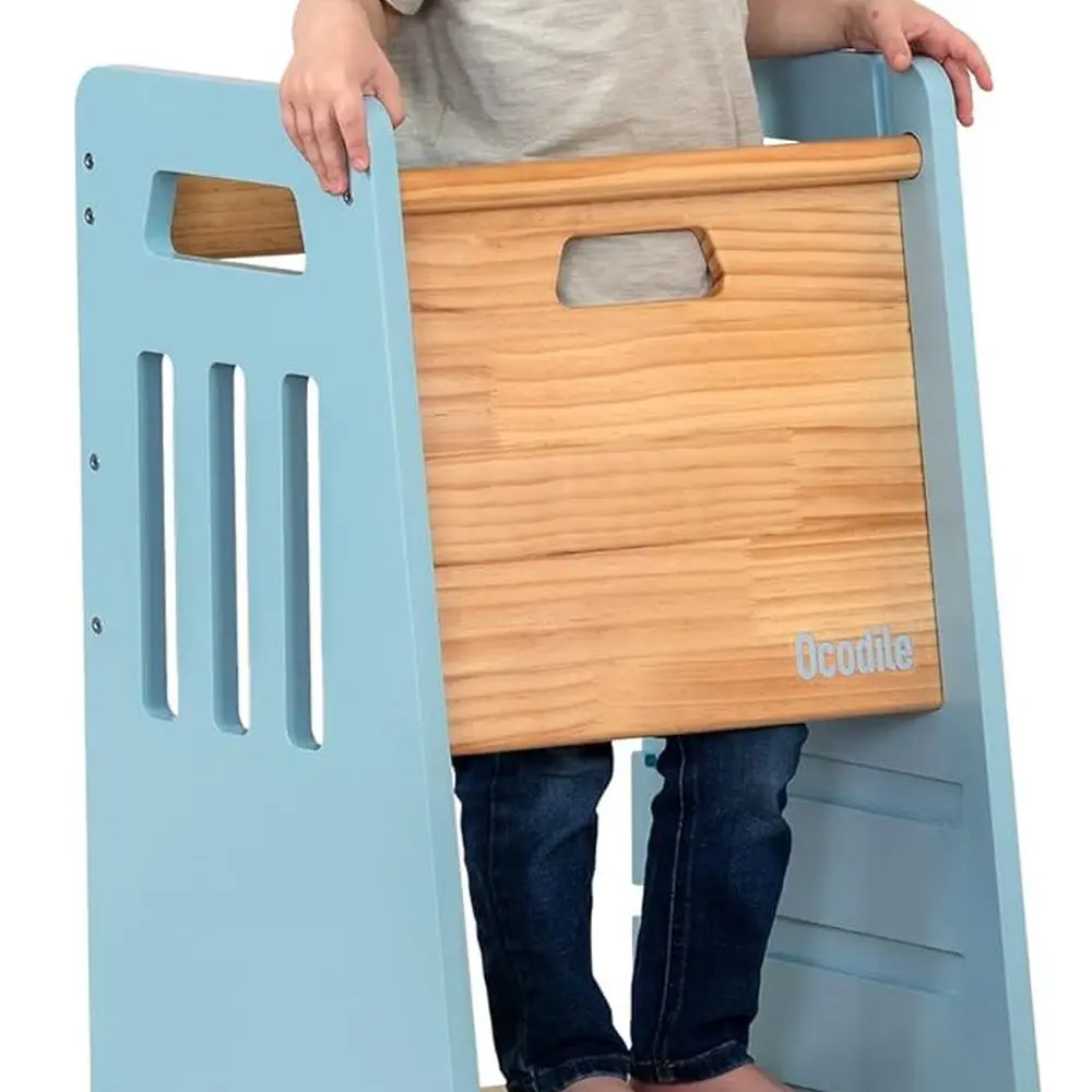 Adjustable Height Toddler Kitchen Stool with Sliding Door, Blue, for 18+ Months to 6-Year-Olds