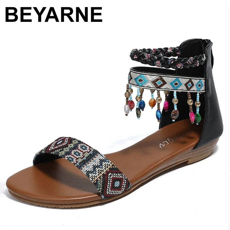 New Flat Shoes Bohemian Ethnic Style Retro Tassel Embroidery Women\'s Sandals Comfortable Beach Shoes Women\'s Slippers Large Size