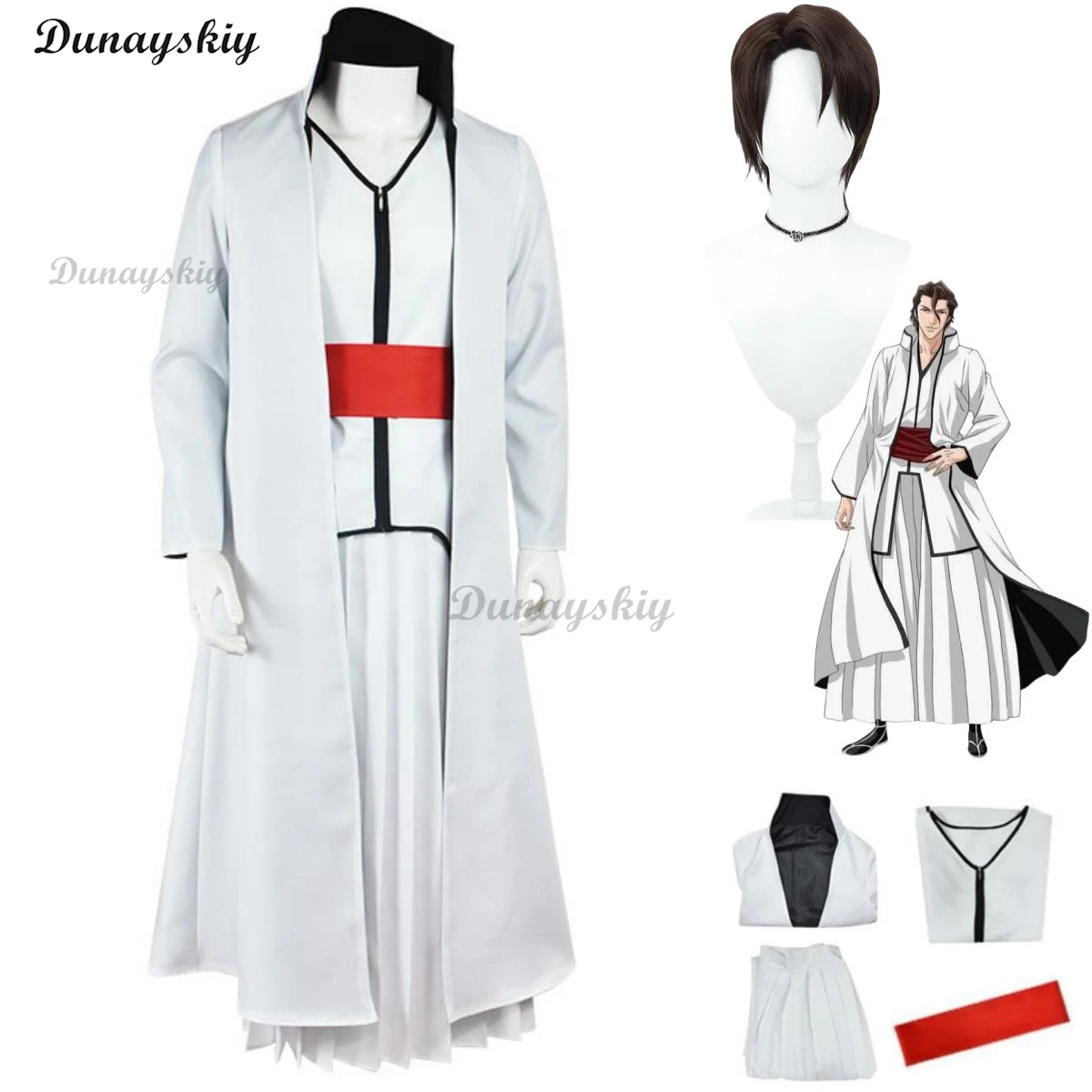 Anime Bleach Shinigami Aizen Sousuke Cosplay Costume Gotei 13 Captain Wig White Cape Japanese Kendo Costume Man Halloween Suit