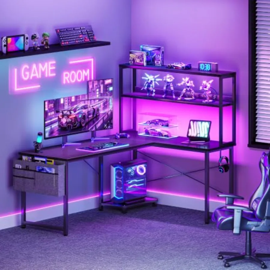L Shaped Gaming Desk with Hutch LED Light for home office use, made of engineered wood in black color with cable management and