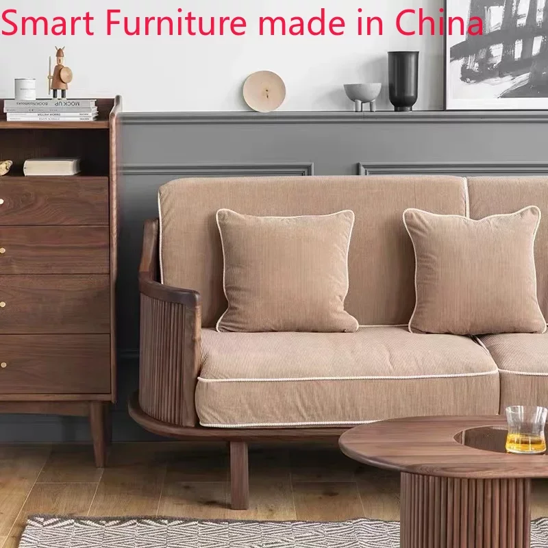 Nordic solid wood, black walnut, simple mortise and tenon, small living room, single, three-person detachable cloth sofa