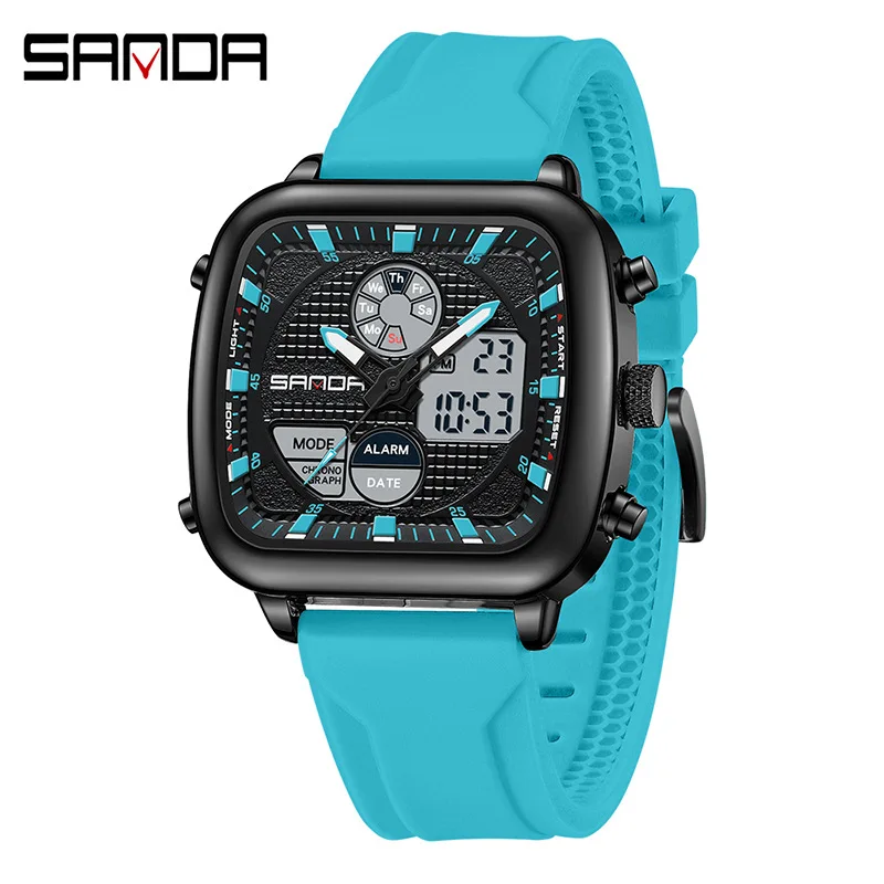 SANDA 9101Retro Square Double Display Electronic Watch Night Light Waterproof Business Leisure Men's Watch Trendy Sports Watch