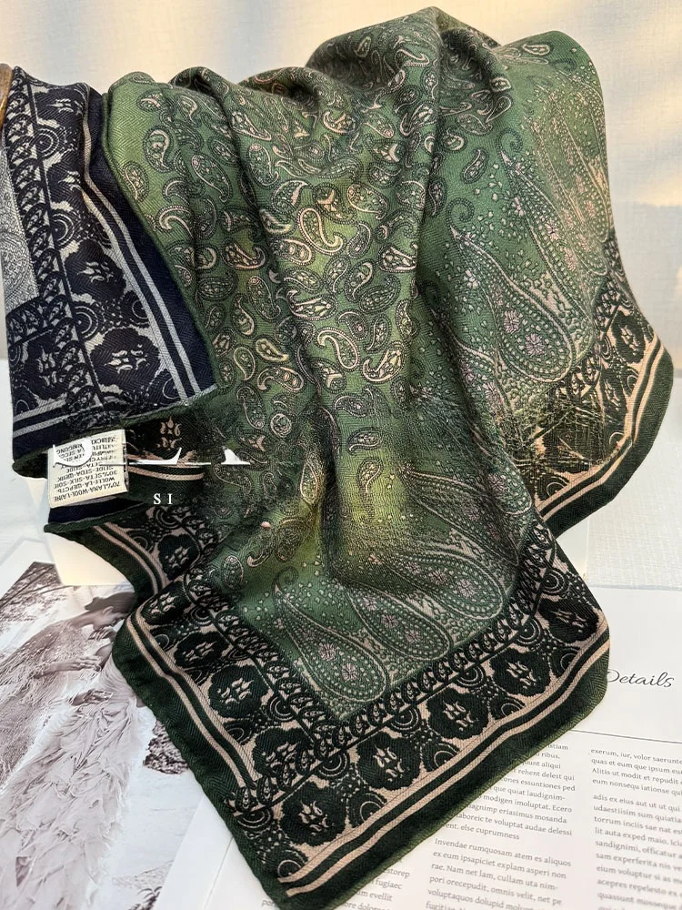 秋春新作-レトロ-シルクウールスカーフ-レディース-高級感漂う-ブルーグリーン-カシューナッツ柄-シルクウール-スクエアスカーフ