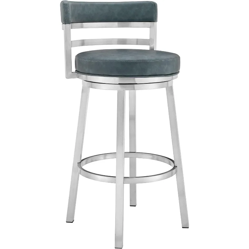 

26" Seat Height Swivel Modern Blue Faux Leather and Brushed Stainless Steel Bar Stool for Kitchen Island Cou