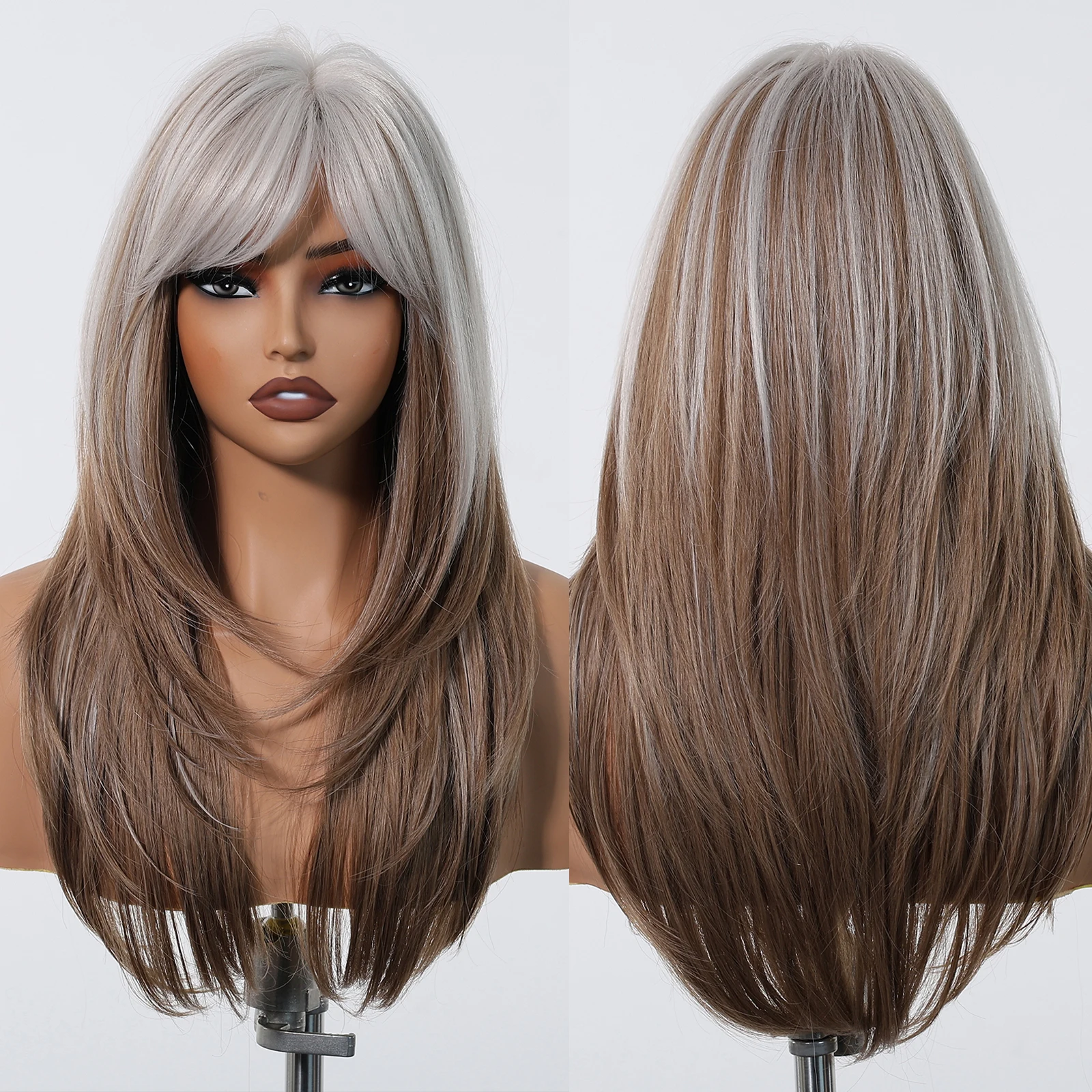 Grey White To Brown Ombre Synthetic Wigs Long Straight Layered Hair Wig For Women High Temperature Wig For Cosplay Daily Party