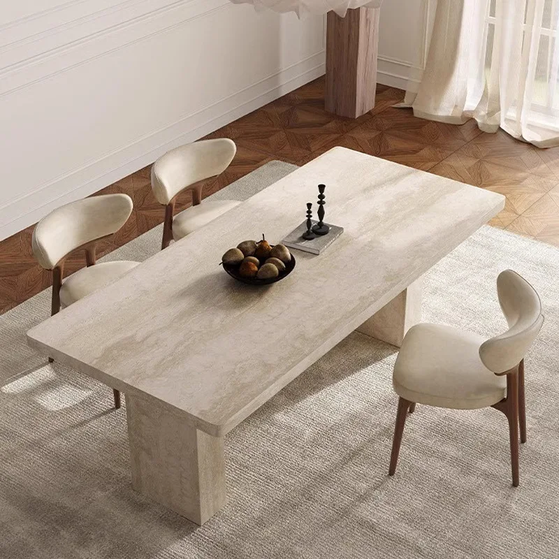 

French Roman travertine rock slab dining table modern minimalist designer household small apartment medium ancient style