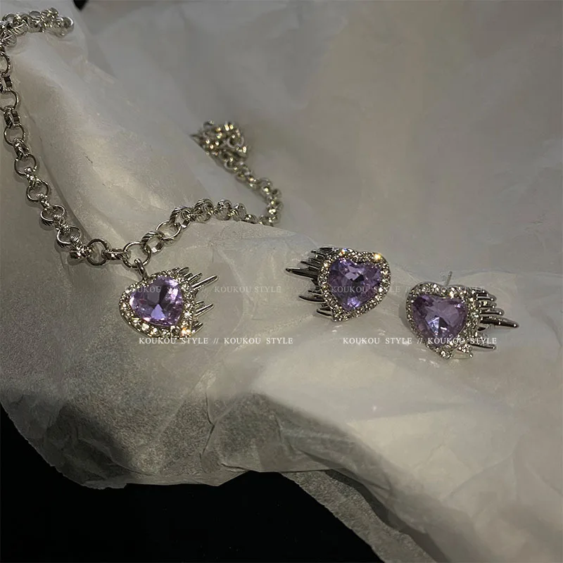 Purple Love Zircon Necklace Female Xia Xiaozhong Coarse Chain Heart shaped Clavicle Chain Neckchain