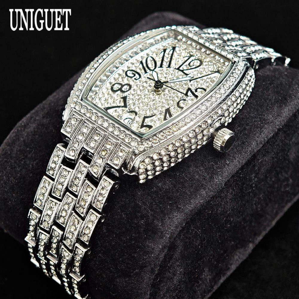 UNIGUET Diamond Watch For Women Luxury Stainless Steel Quartz Wrist Watch Elegant AAA Jewelry Tonneau Watch Ladies Hot Selling