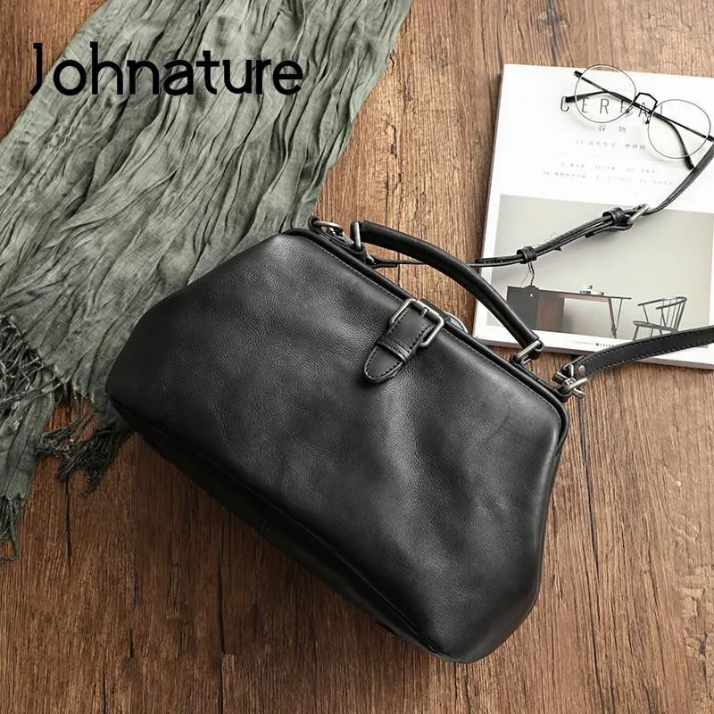 Johnature Retro Natural Soft Cow Leather Women's Bag 2025 New Handmade Large Capacity Handbag Casual Shoulder Bags