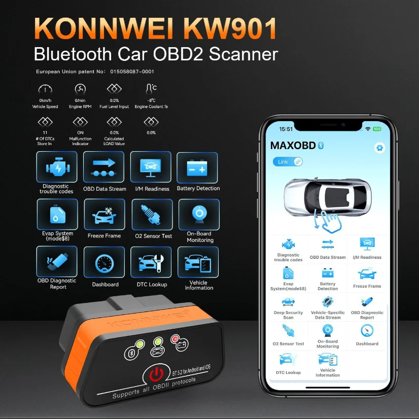 MINI OBD2 KW901 Bluetooth 4.0 5.0 Dual-mode Android/iOS Car Computer ELM327 OBD II Adapter Scanner Powerful Car Diagnostic Tool