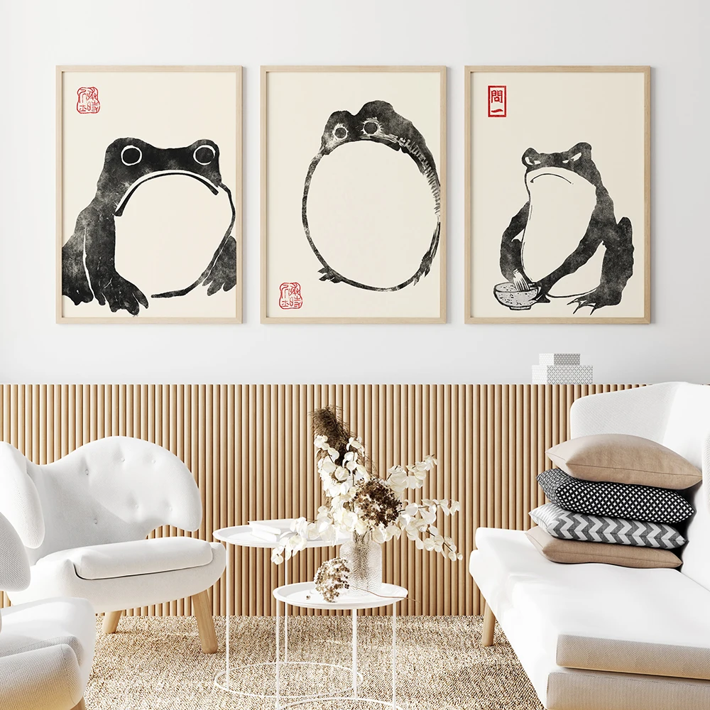 

Japanese Frog and Toad 3 Piece Set Poster Wall Art Animal Prints Picture Wall Art Canvas Painting Retro Nordic Living Room Decor