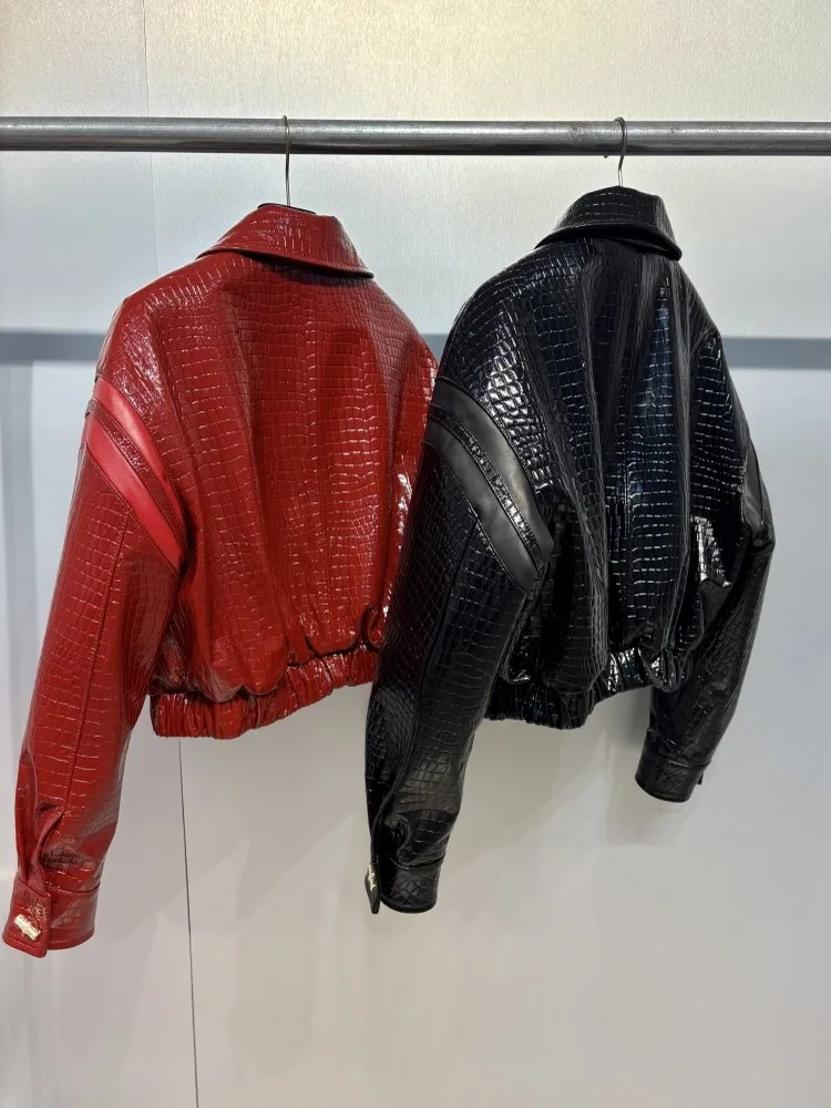 السيدات أنيقة التمساح الحبوب سترة جلدية حقيقية ترتيب الأسرة طوق الخريف الشتاء معطف قصير جلد الغنم الحقيقي المرأة عادية فضفاض #5