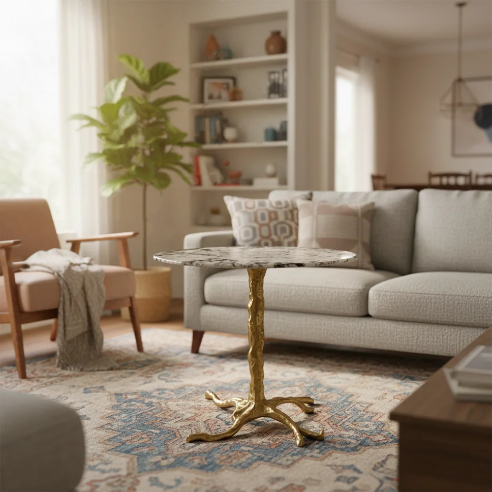 mnLuxury Brass Marble Corner Table Round Side Table for Living Room High-End Furniture Art Decoration Customization*