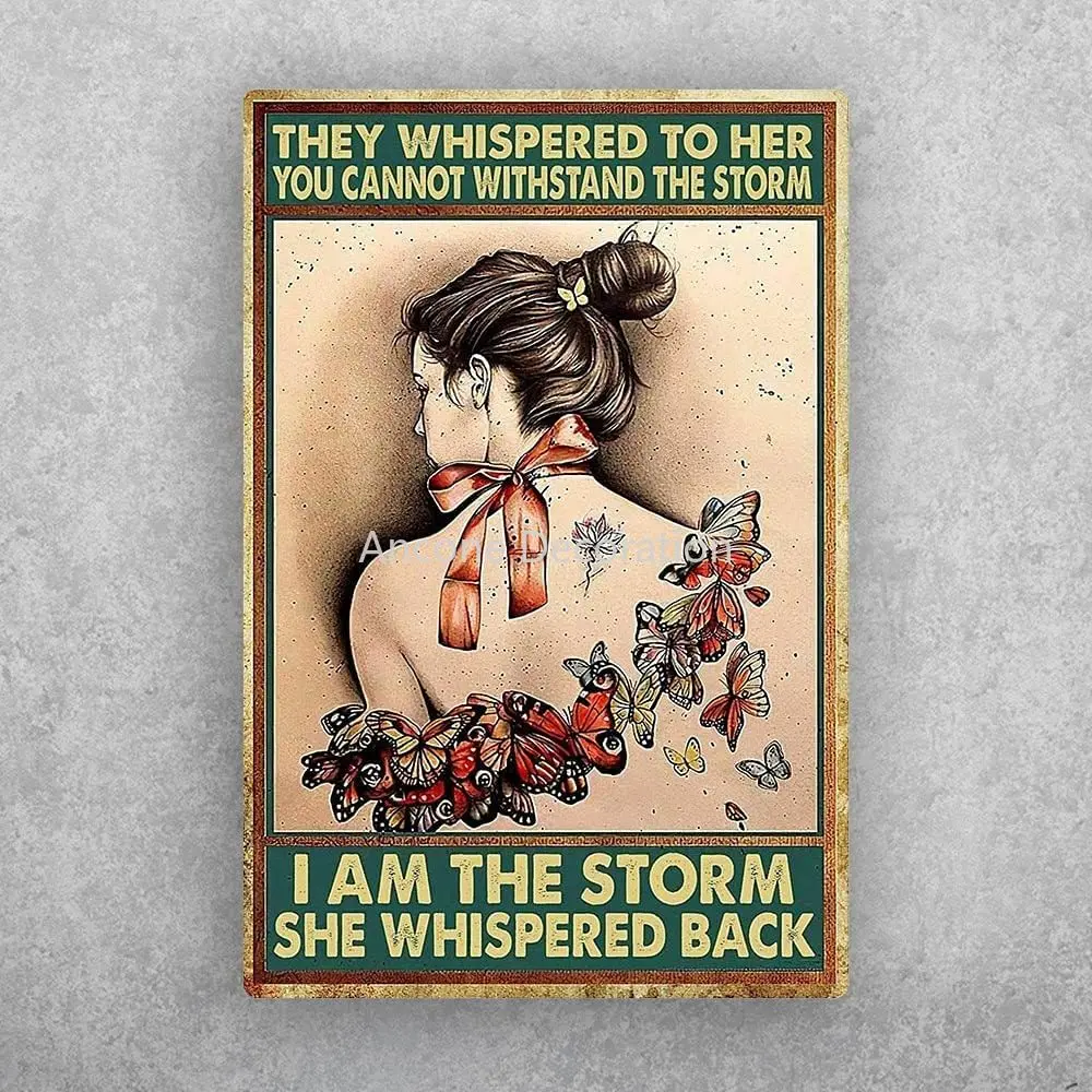 Dreacoss Vintage Metal Tin Sign Hippie Butterfly Back View Girl I Am The Storm She Whispered Back Satin Poster Retro Wall Decor