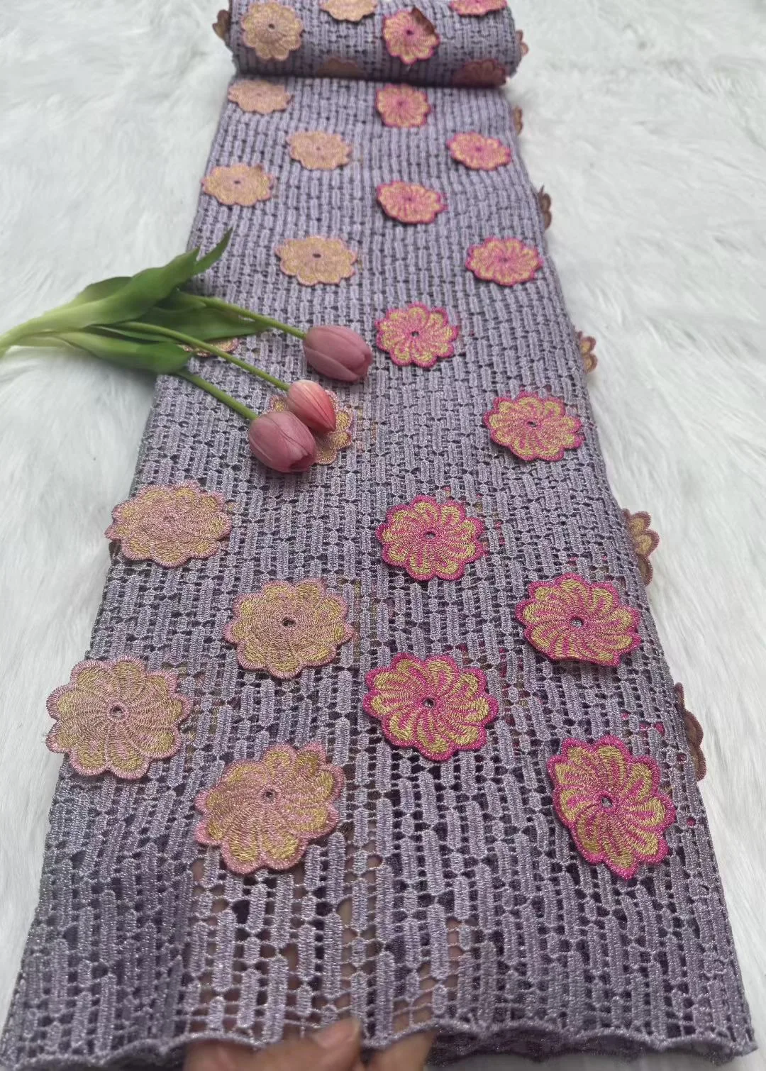 

2026 Latest 3D Flowers Cord Lace 2026 Luxury African Luxury Fabrics Burnt Orange Nigerian Guipure Cord Lace For Cloth Sewing