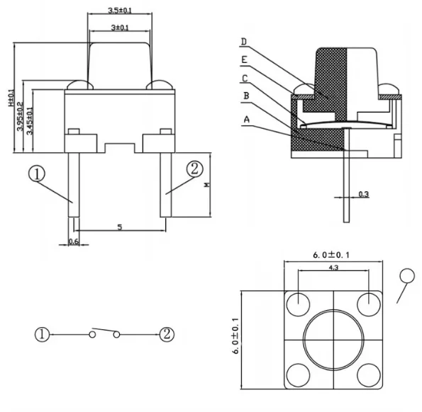 Taktiler Schalter, Momentantakt, 6 x 6 x 4,3/5/6/7/8/9/10 mm, 6 x 6 x 4,3 mm, 5 mm, 6 mm, 7 mm, 8 mm, 9 mm, 10 mm, mittlerer Stift, 2 Pins – Detail 3