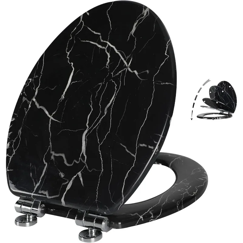 Marble Toilet Seat Durable Molded Wood with Quiet Close,Easy Clean，Quick-Release Hinges (Elongated,Black Marble)