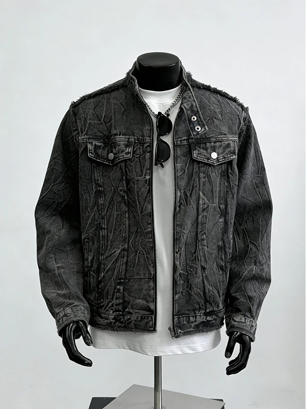 Retro American Waed Denim Jaet Men's Trendy Haome Stand Collar Jaet Spring Loose Frayed Design Casual Top