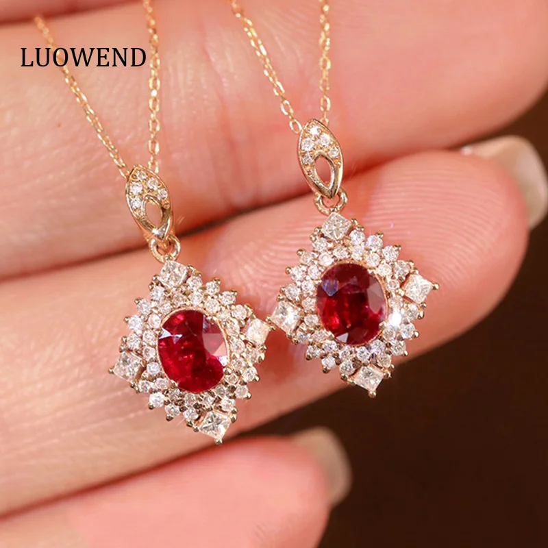 

LUOWEND 18K Rose Gold Pendant Necklace Real Ruby Pendant Elegant Style Diamond Necklace for Women Wedding Jewelry Customize