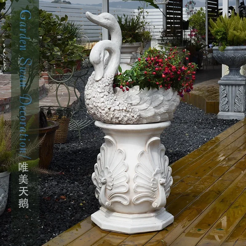 Garden decoration swan flower pot landscaping animal viewing ornament Roman column garden villa entrance decoration