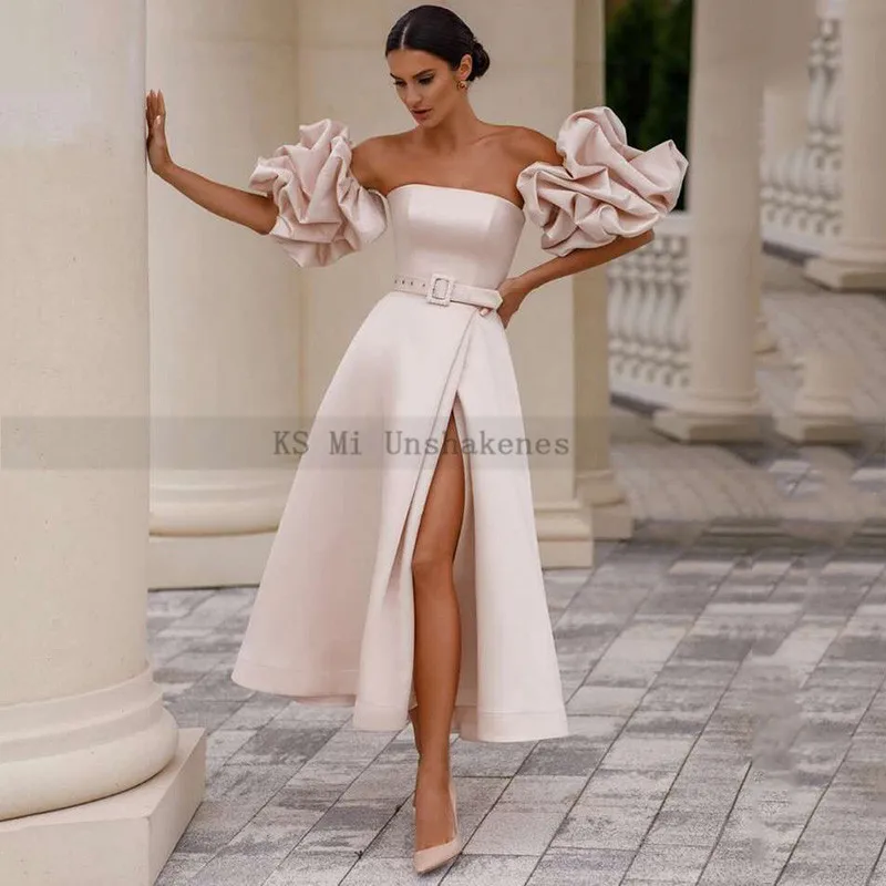 Champagne Pink Short Wedding Dresses Detachable Puff Short Sleeve Bride Dress Split Side Satin Wedding Gowns Ankle Length