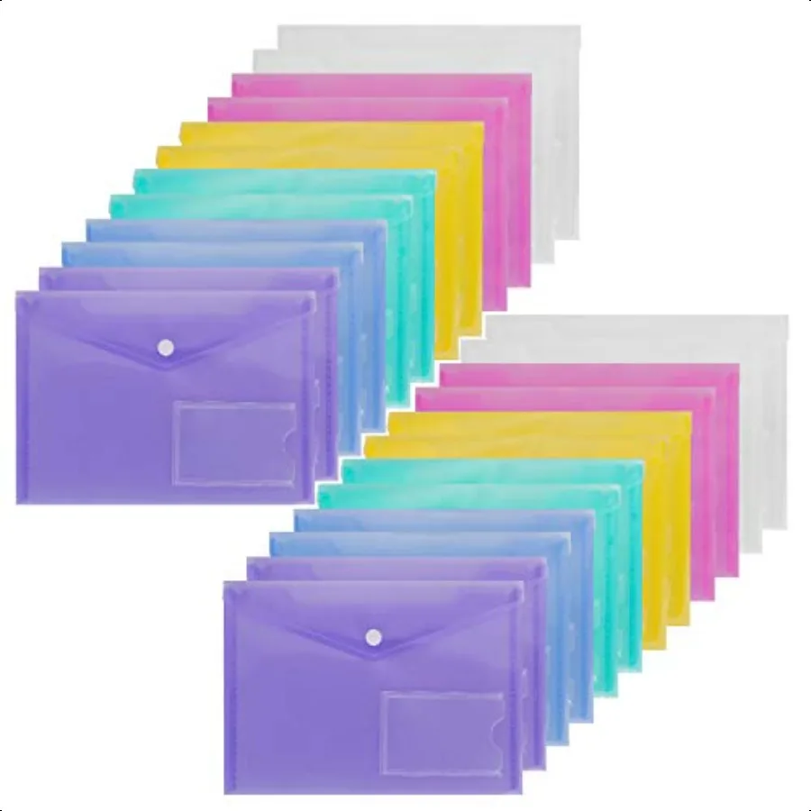 

24 Pack Plastic Envelopes A5 Poly Folders with Snap Button and Label Pocket Plastic Folders for Documents Filing Folders for Sc